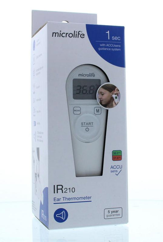 Microlife IR210 infrared thermometer showing digital display, used for accurate temperature readings.