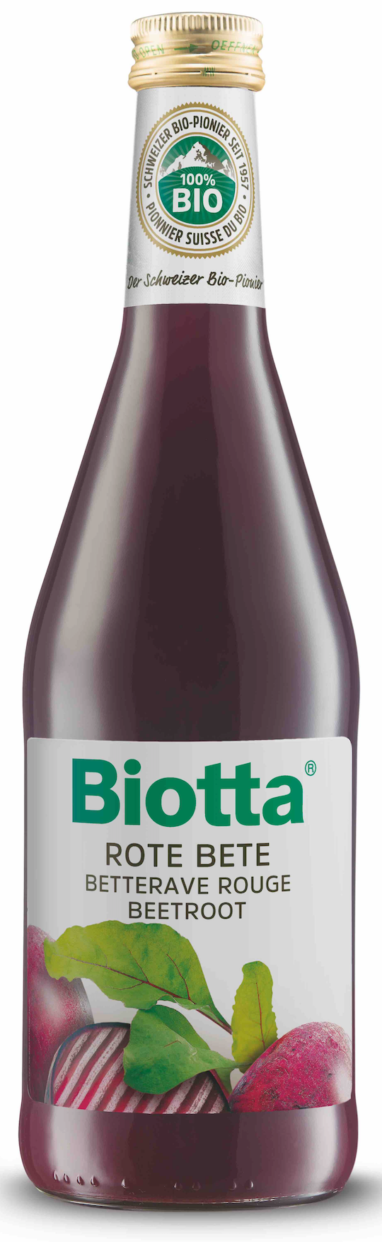 Biotta Rode bietensap bio in 500ml bottle, vibrant deep red beet juice in a clear glass bottle.