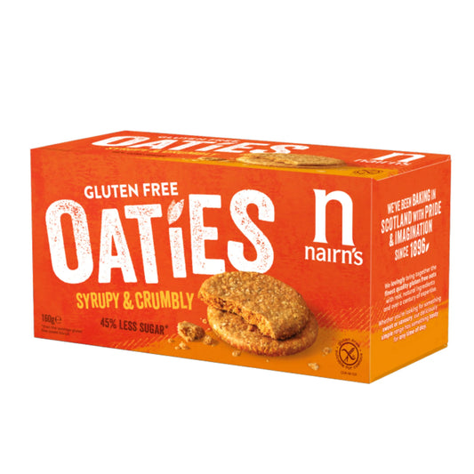 Nairns Oaties gluten-free oat cookies in a 160g package, featuring a close-up of the crunchy, golden-brown cookies with oats.