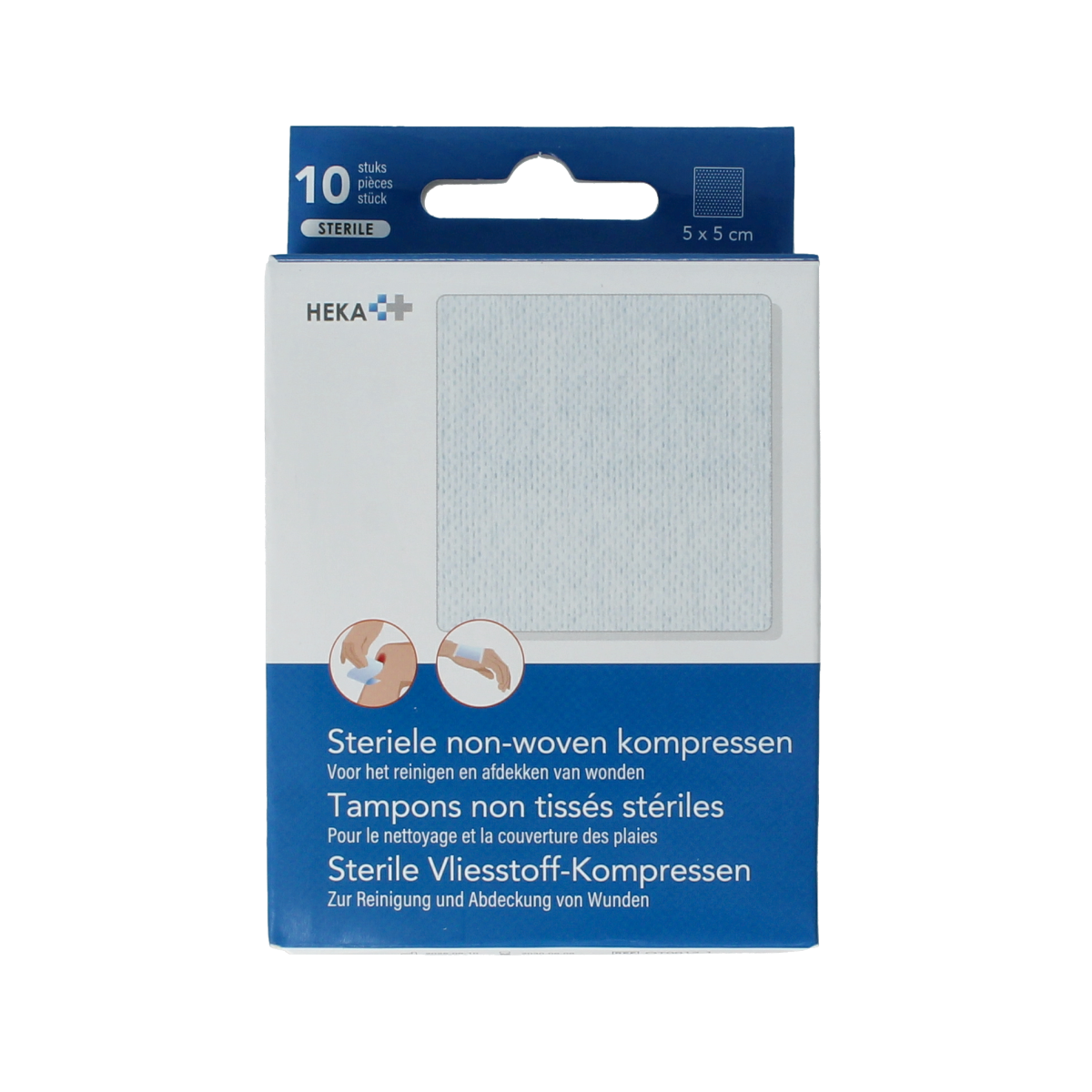 Sterile Heka non-woven gauze compresses 5x5cm, pack of 10 for wound care and medical use.