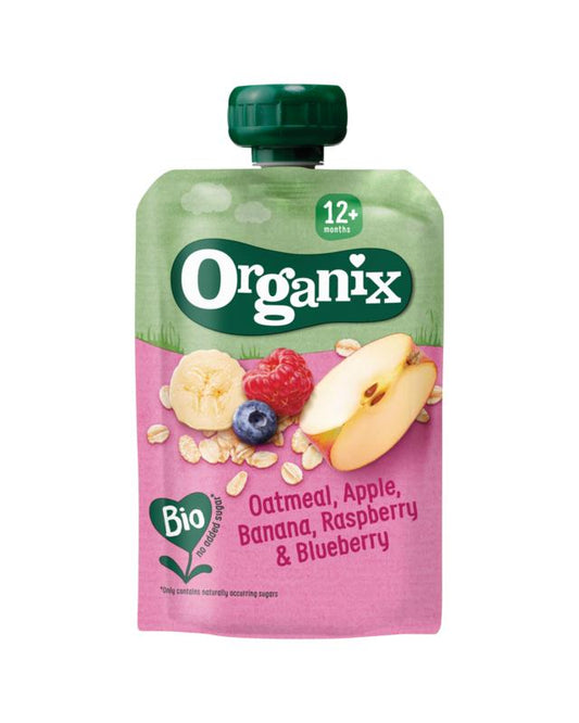 Organic Organix Knijpfruit baby food pouch with apple, banana, and raspberry flavor, suitable for ages 12 months and up.