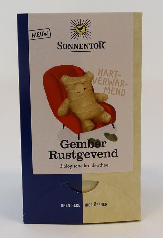 Organic Sonnentor ginger invigorating tea in an 18-pack, featuring fresh ginger slices and tea bags for a soothing brew.