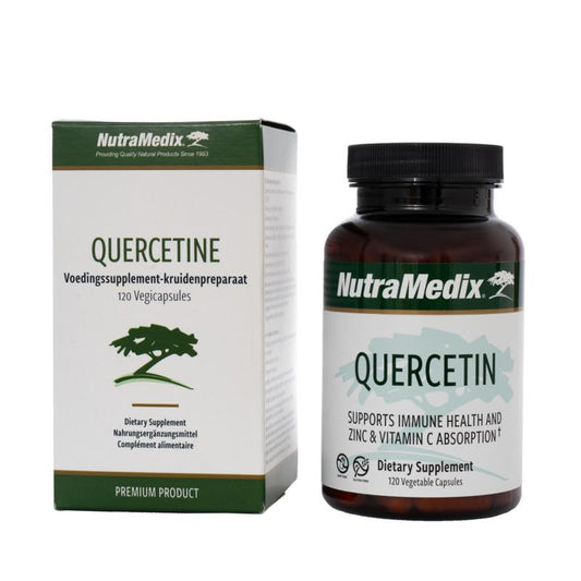 Nutramedix Quercetine herbal supplement capsules, 120 count, in a container with label showing product details.