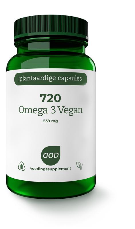 AOV 720 Omega 3 vegan vegetarian capsules, dietary supplement with omega-3 fatty acids, in a clear bottle.