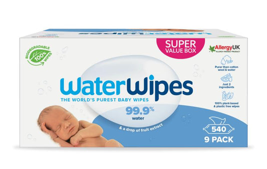 Waterwipes baby wipes 9-pack, soft and gentle for baby and toddler skincare, shown in a clear, sealed package.