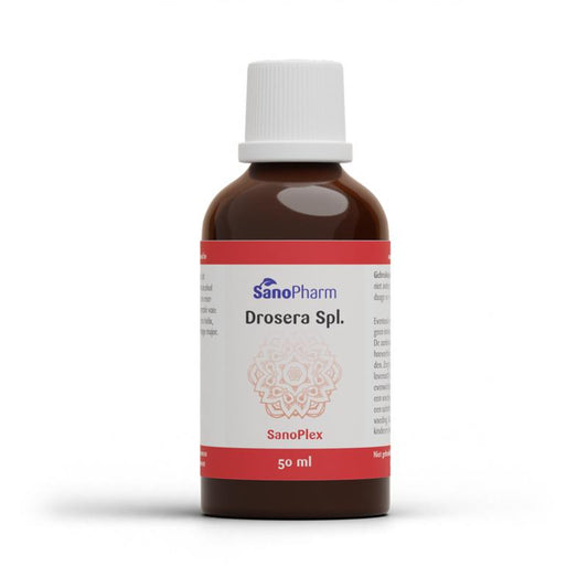 Bottle of SanoPharm Drosera Sanoplex herbal preparation in 50ml bottle, labeled with brand and product details.