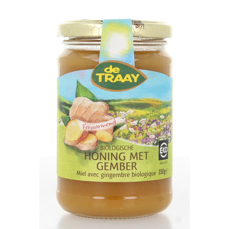 De Traay bio ginger honey jar, 350g, with golden honey and ginger pieces visible in the glass container.