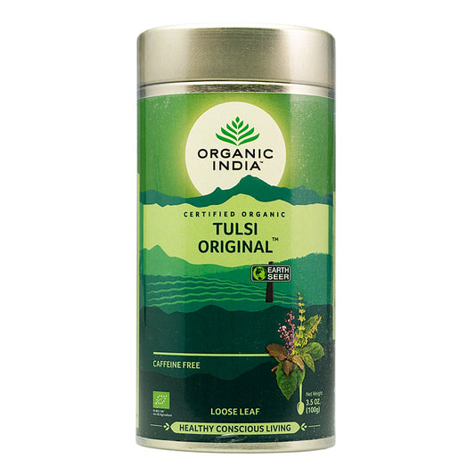 Organic India Tulsi original loose tea in a 100g package, featuring fresh, organic herbal tea leaves for soothing infusions.