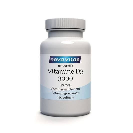 Nova Vitae Vitamin D3 3000/75mcg softgels, dietary supplement in a bottle, showcasing the softgel capsules for health support.