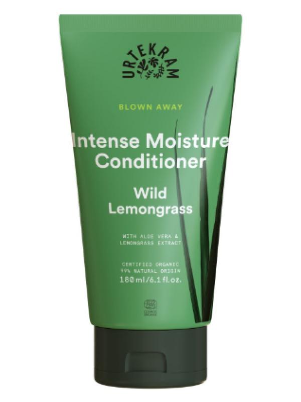 Urtekram Blown Away Wild Lemongrass Conditioner 180ml, a natural hair care product with fresh lemongrass scent in a white bottle