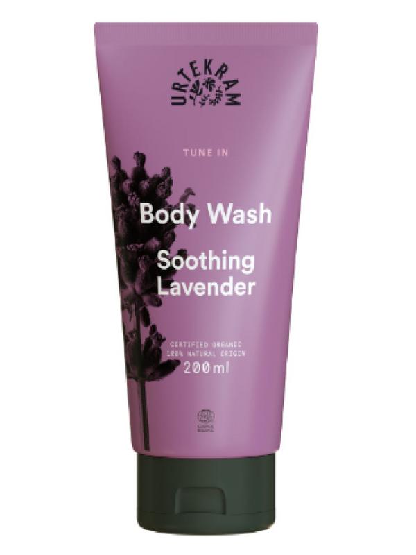 Urtekram Tune in soothing lavender bodywash in 200ml bottle, featuring calming lavender for gentle body cleansing.