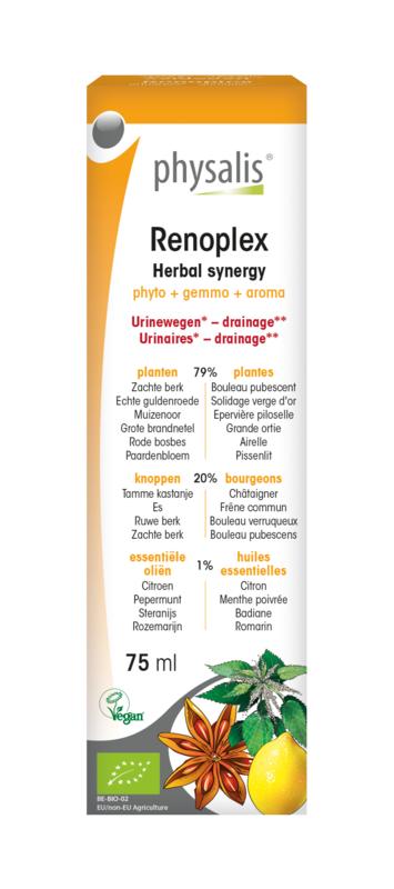 Physalis Renoplex bio herbal preparation in a 75ml bottle, featuring natural herbal ingredients for health support.