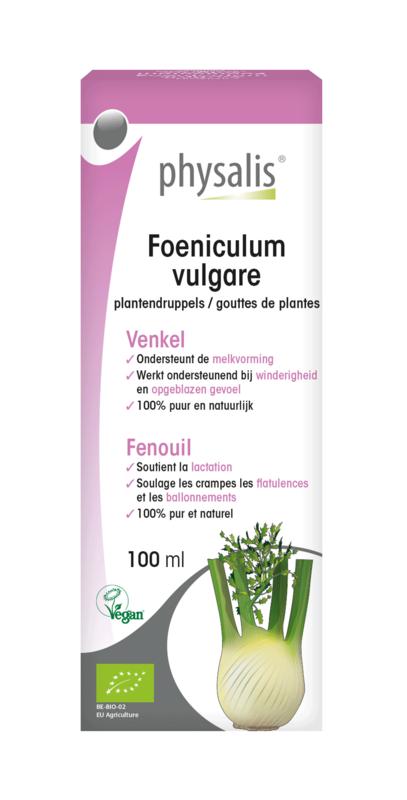 Bio Physalis Foeniculum vulgare herbal preparation in a 100ml bottle, showcasing fresh fennel seeds from Physalis brand.
