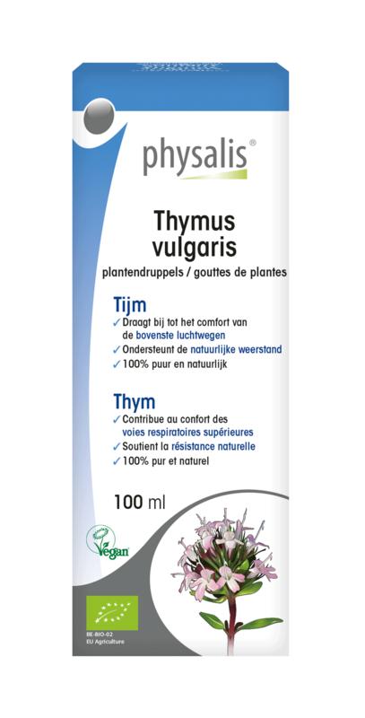 Physalis Thymus vulgaris organic herbal preparation in a 100ml bottle, featuring fresh thyme leaves in a clear container.