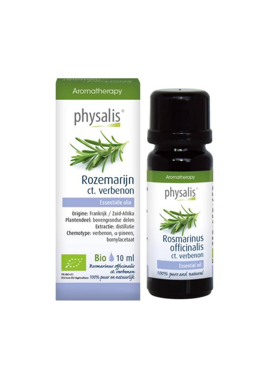 Physalis Rozemarijn bio herbal preparation in a 10ml bottle, featuring fresh rosemary sprigs and Verbenon extract.