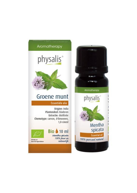 Physalis Groene Munt bio herbal preparation bottle, 10ml, featuring fresh green mint leaves and natural packaging.