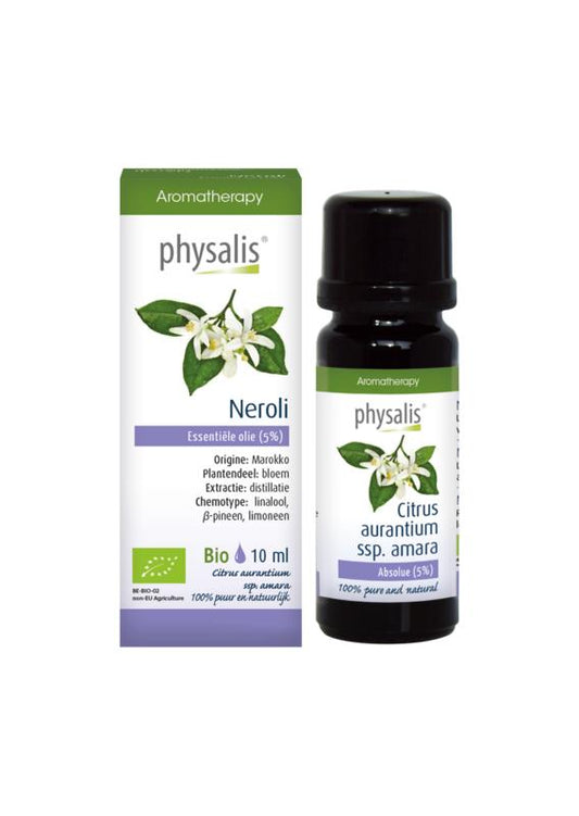 Physalis Neroli 5% bio herbal extract in a 10ml bottle, part of Physalis kruidenpreparaten line, with a focus on natural ingredients.