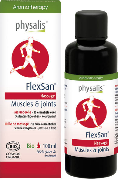 Physalis Massageolie Flexsan Bio 100ml bottle, natural body care oil with soothing properties for relaxing massage.