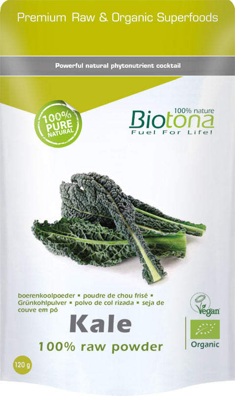 Biotona raw kale powder in a 120g package, showcasing fresh, vibrant green kale leaves used for superfood health benefits.