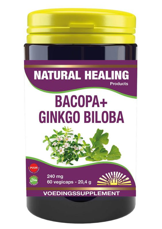 NHP Bacopa with ginkgo biloba herbal capsules in a bottle, vegetative dietary supplement for memory and cognitive support
