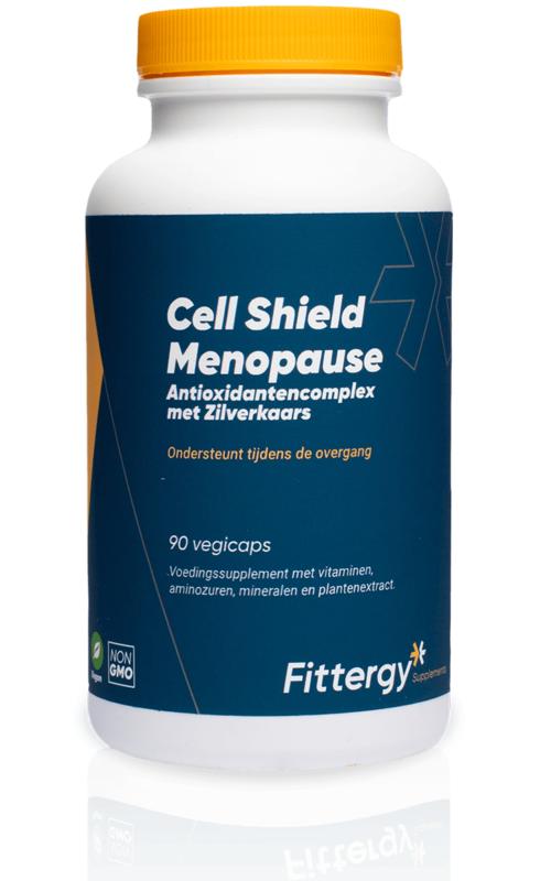 Fittergy Cell Shield Menopauze multivitamine capsules in a bottle, vegetarian supplement for menopause support.