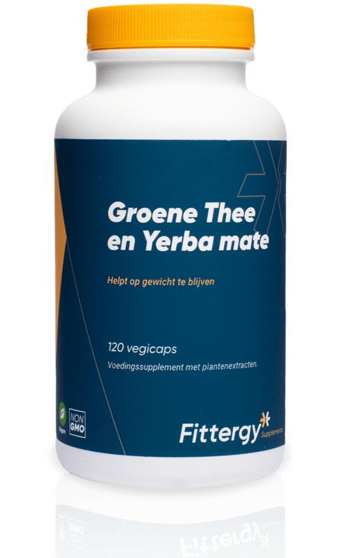 Fittergy Groene thee en yerba mate capsules, herbal supplement in a jar, 120 capsules for health and wellness.
