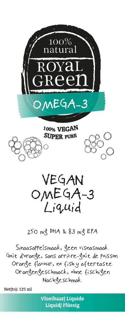 Royal Green Vegan Omega-3 Liquid bottle, 125ml, natural vegan omega-3 supplement from Royal Green in a clear bottle.