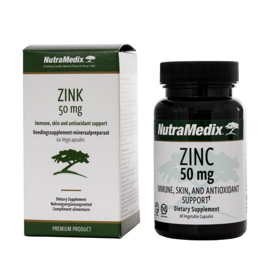 Nutramedix Zink 50mg mineral capsules displayed in a bottle, showing 60 capsules of zinc supplement.