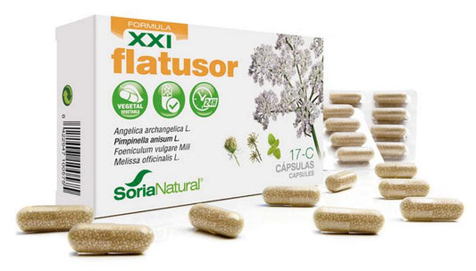 Soria Natural Flatusor 17-C XXI herbal capsules in a bottle, showing the product label and capsules inside.