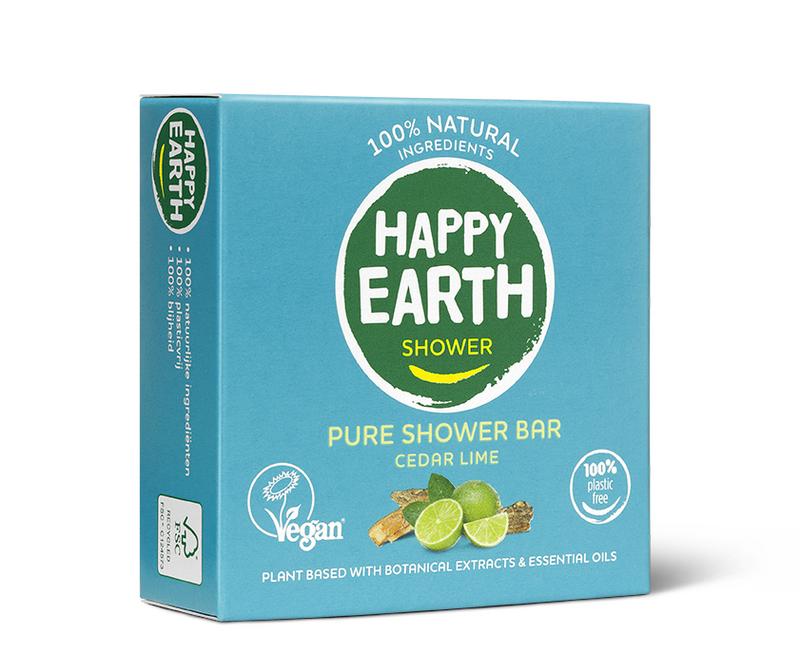 Happy Earth cedar lime shower bar, 90g, natural soap for body and shower with fresh cedar and lime scent.