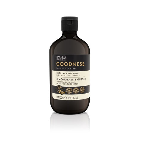 Baylis & Harding lemongrass and ginger bath soak and shower gel, 500ml, with a clear bottle and label showing the product details.