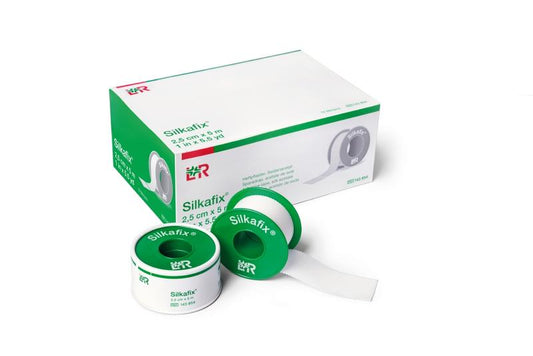 Silkafix latex-free adhesive bandage, 5m x 2.5cm, for wound care, shown on white background.