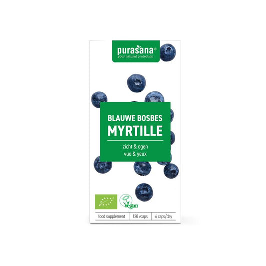 Purasana Blauwe Bosbes vegan bio herbal capsules, vegetarian supplement in a clear bottle with blue and white label.