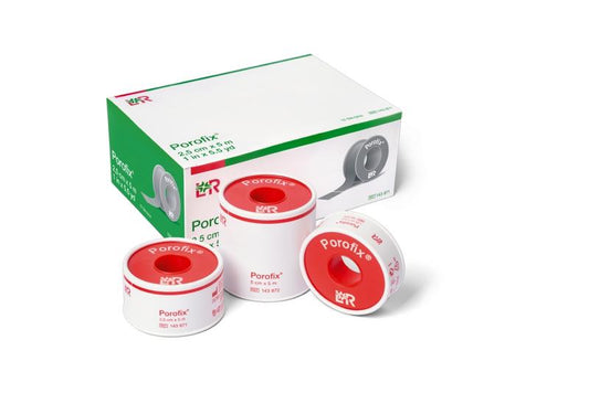 Porofix latex-free adhesive bandages, 5m x 1.25cm, pack of 18, for wound dressing and skin protection.