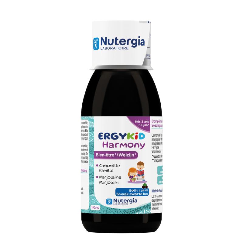 Nutergia Ergykid Harmony herbal supplement bottle, 150ml, with colorful label and dropper cap for children's nutritional support