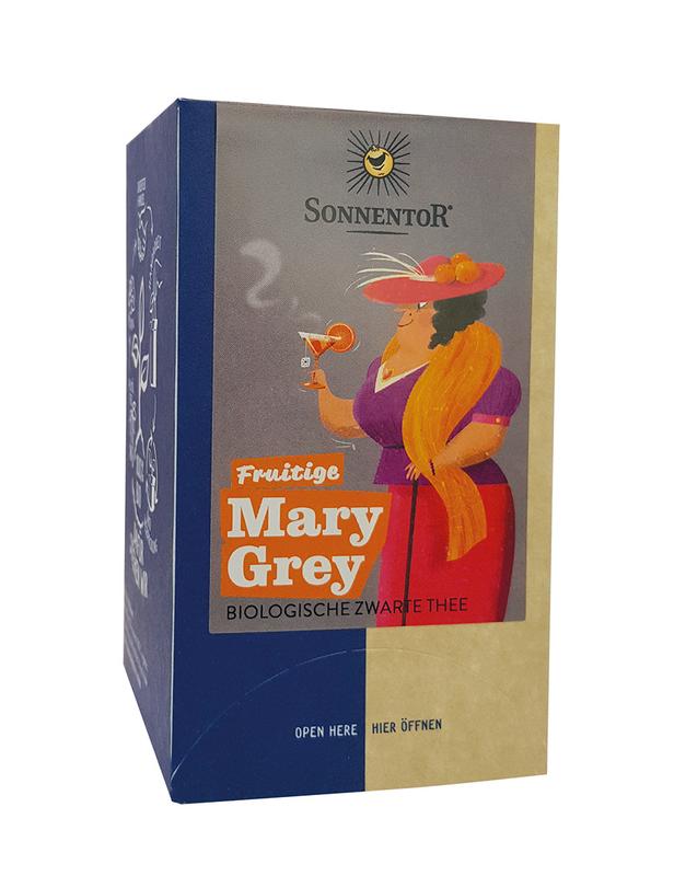 Sonnentor Fruitige Mary Grey thee bio, 18 organic tea bags with a blend of fruity and herbal flavors, in a colorful packaging.