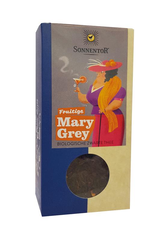 Sonnentor Fruitige Mary Grey thee los, organic 90g, loose herbal tea with fruity and floral notes, in a clear glass teapot.