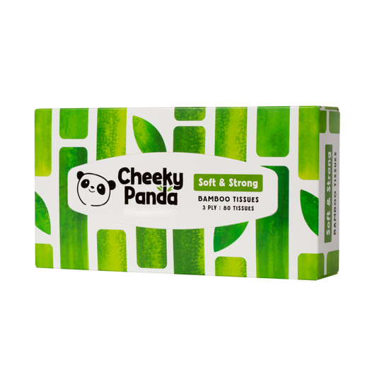 Box of The Cheeky Panda bamboo tissues with 3-ply tissues, showing a pack of 80 tissues with bamboo-themed packaging.