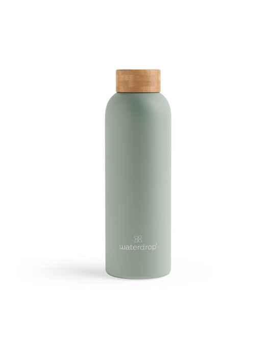 Waterdrop stainless steel pastel olive matte 600ml drink bottle for cooking and dining, with a sleek, modern design.