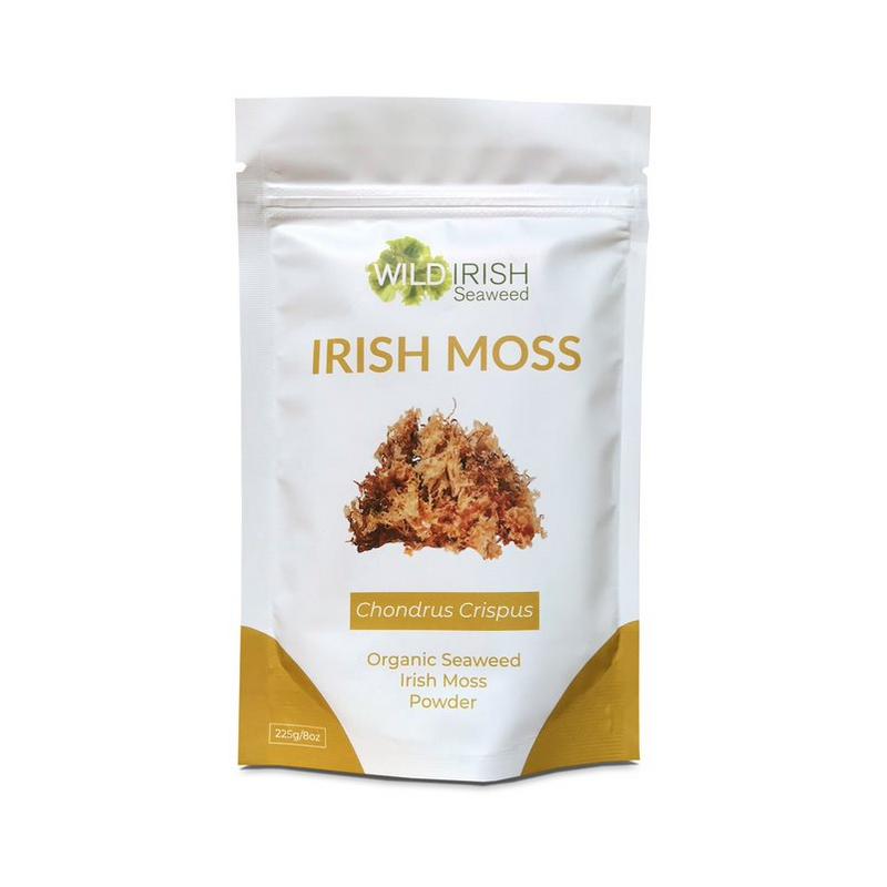 Wild Irish herbal powder in a 225g jar, organic Irish herb supplement from Wild Irish, with a close-up of the jar and label.