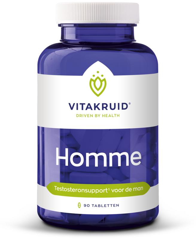 Bottle of Vitakruid Homme OA multi-vitamin tablets with Ashwagandha, Fenegriek, Shilajit, and Damiana supplements, 90 tablets.