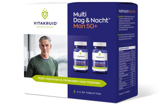 VitaKruid Multi Dag & Nacht Man 50+ vegan multivitamin tablets, 2 x 30 count bottles, with colorful tablets in blister pack.