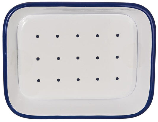 White and blue Tade ceramic soap dish with drip tray, ideal for bathroom or toilet use, featuring a classic design.