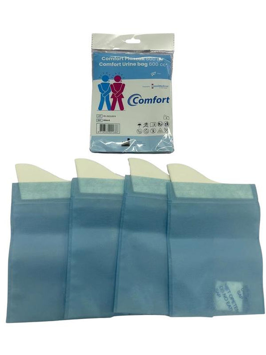 Comfort Katheter en Urinaal Comfort Plaszak 600ml wegwerp, 4 stuks, retail pack with sterile, disposable urine collection bags.