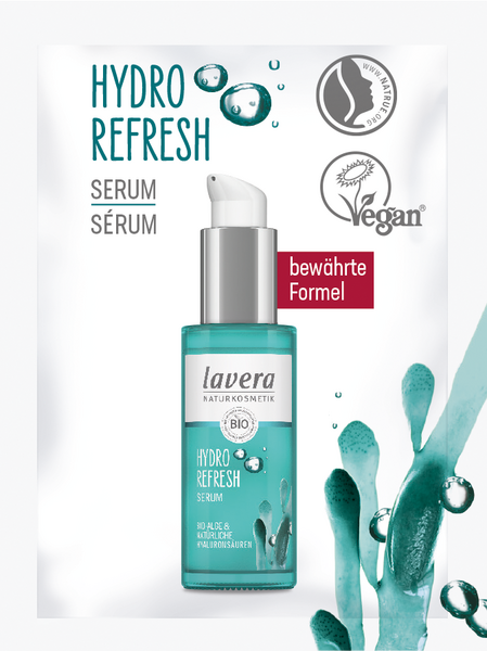 Lavera Hydro Refresh Serum sample for face skincare, 1 piece, lightweight moisturizer with hydrating ingredients.