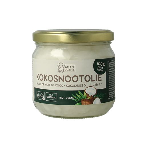Amanprana bio kokosnootolie in 325ml bottle, natural coconut oil for cooking and skincare, in a clear plastic container.