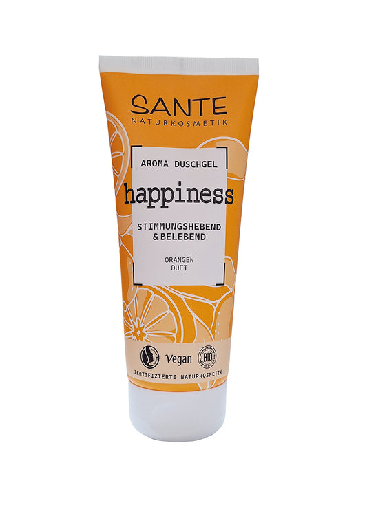 Sante happiness shower gel bottle, 200ml, with colorful floral design and pump dispenser, for bath and shower use