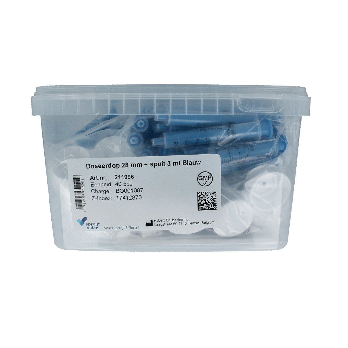 Spruyt Hillen doseerdop 28mm with 3ml syringe, packaging material, set of 40 pieces, used for precise liquid measurement.