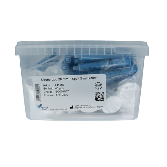 Spruyt Hillen doseerdop 28mm with 3ml syringe, packaging material, set of 40 pieces, used for precise liquid measurement.