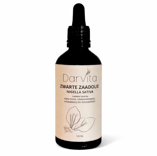 Darvita zwarte zaad olie in 100ml bottle, a natural body care product with a dark-colored oil visible in the image.